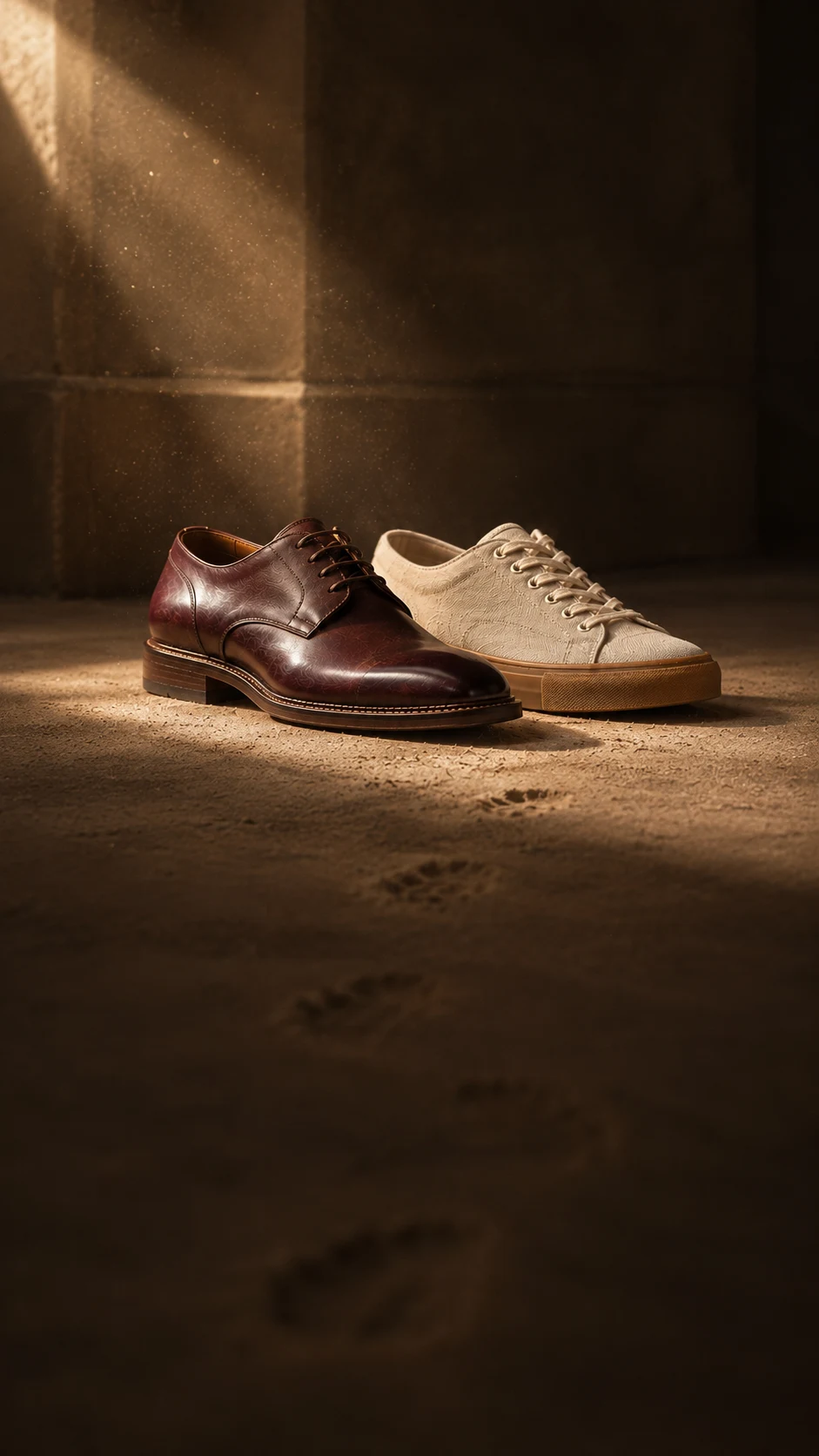 An oxblood leather derby and an undyed canvas sneaker side by side on a dusty stone floor, a trail of footprints leading to them through a shaft of late light